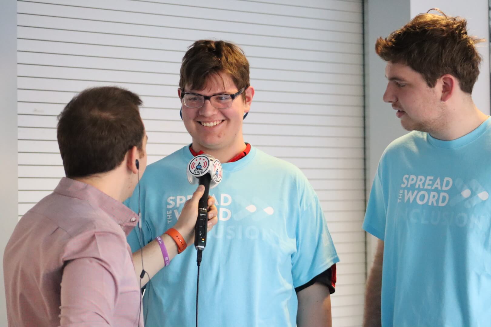 U.S. Youth Ambassadors Alex and Will getting interviewed on Spread the Word Day.